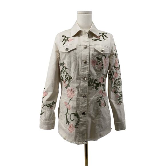 CHICO'S Beaded LEOPARD EMBROIDERED FLORAL Western DENIM JEAN Jacket 0 US 4/6 - Picture 2 of 14